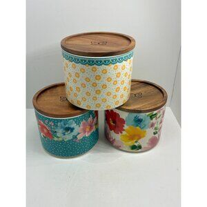 Pioneer Woman Floral Stackable Ceramic Storage Canister Set With Wooden Lids